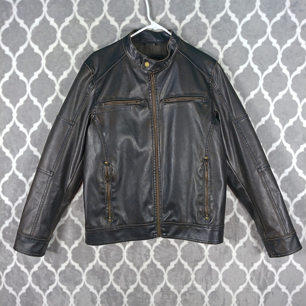 Black Rivet Bomber Jacket Men Size Small Brown Faux Leather Vegan Pilot Moto